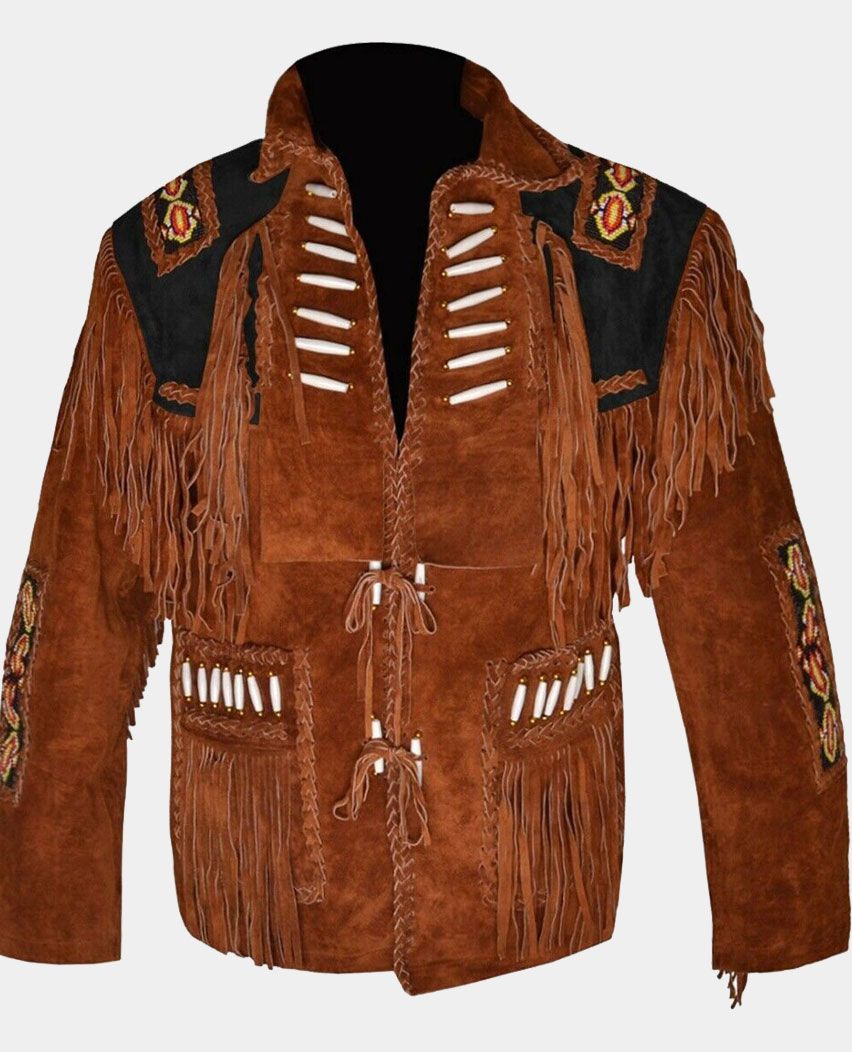Cowboy Western Leather Jacket Coat With Fringe Bone