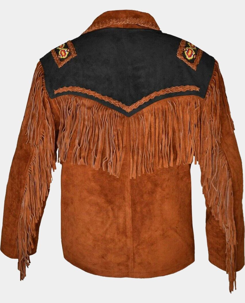 Cowboy Western Leather Jacket Coat With Fringe Bone