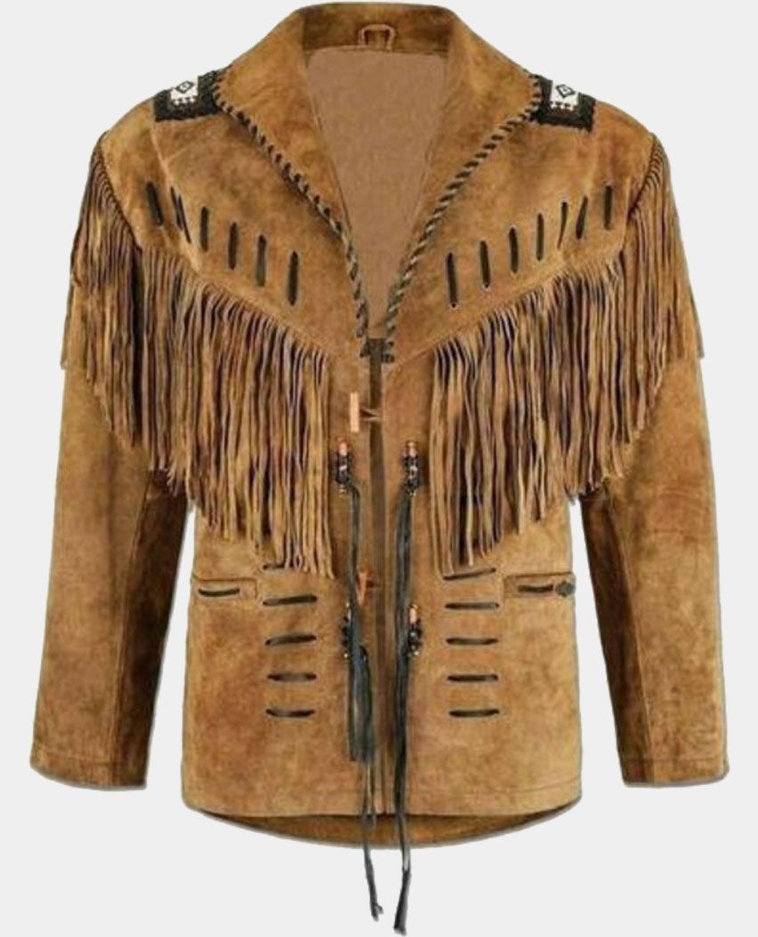 Traditional Cowboy Western Leather Jacket With Fringe Bone and Beads
