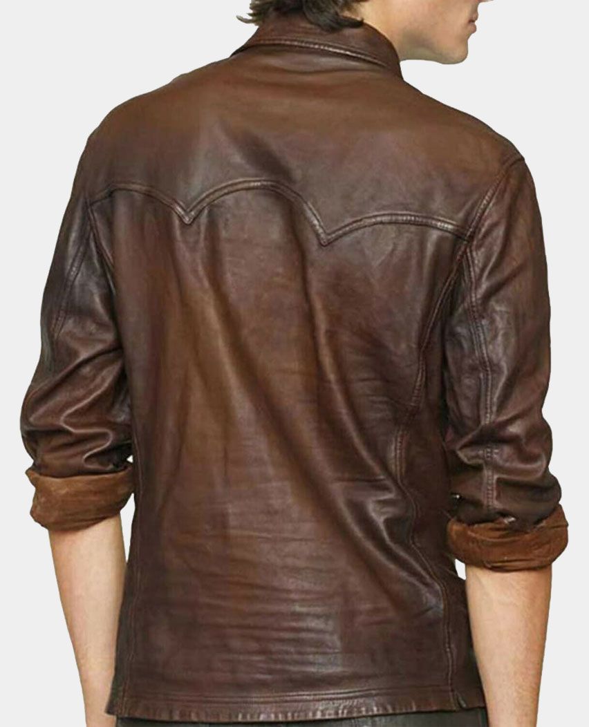 Sleeves Designed Lamb Skin Brown Wax Leather Shirt