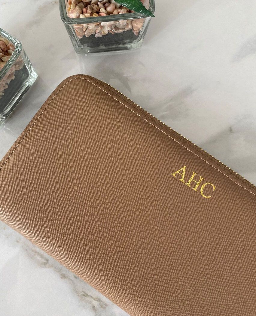 Personalised Camel vegan leather monogram  zipped Women's Purse