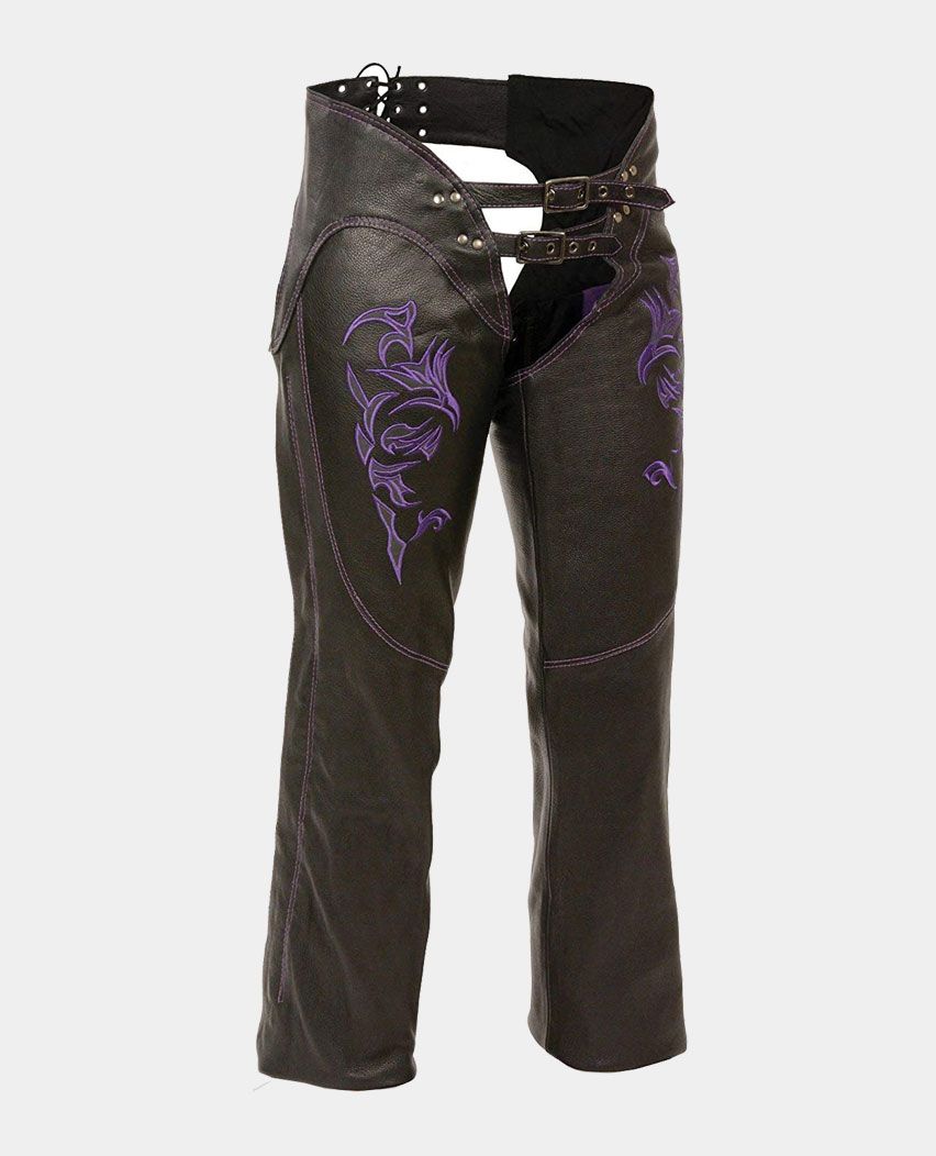 Black and Purple Leather Chaps with Reflective Tribal Embroidery