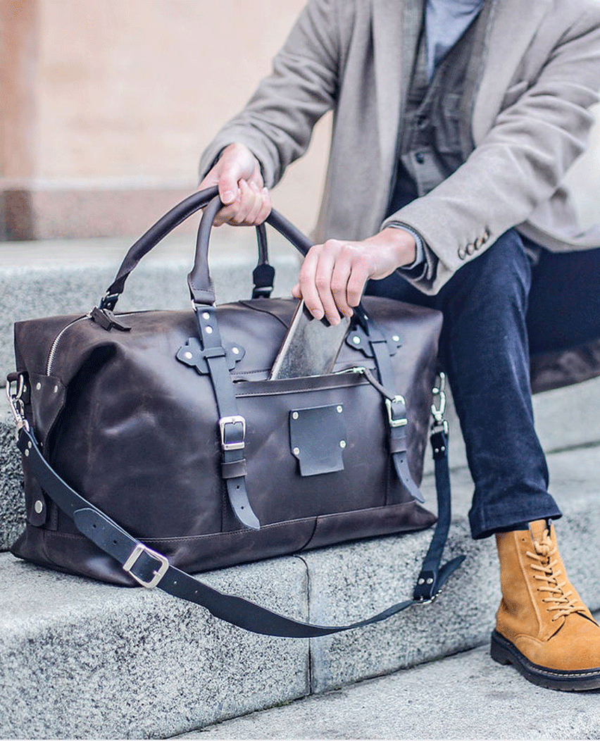 Black Leather Weekender Bag For Men