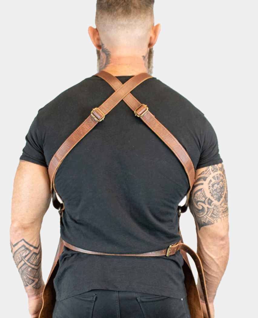 Brown Distressed Cross Back Leather Apron with Pockets
