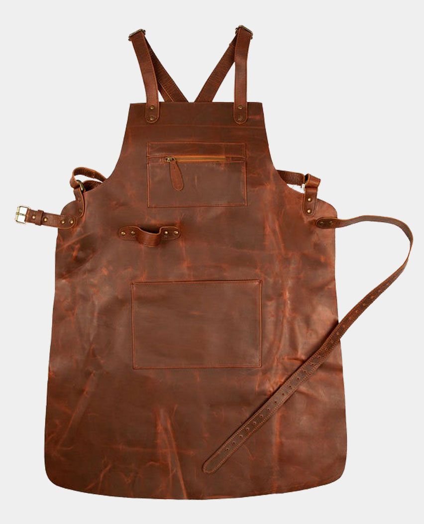 Brown Distressed Cross Back Leather Apron with Pockets