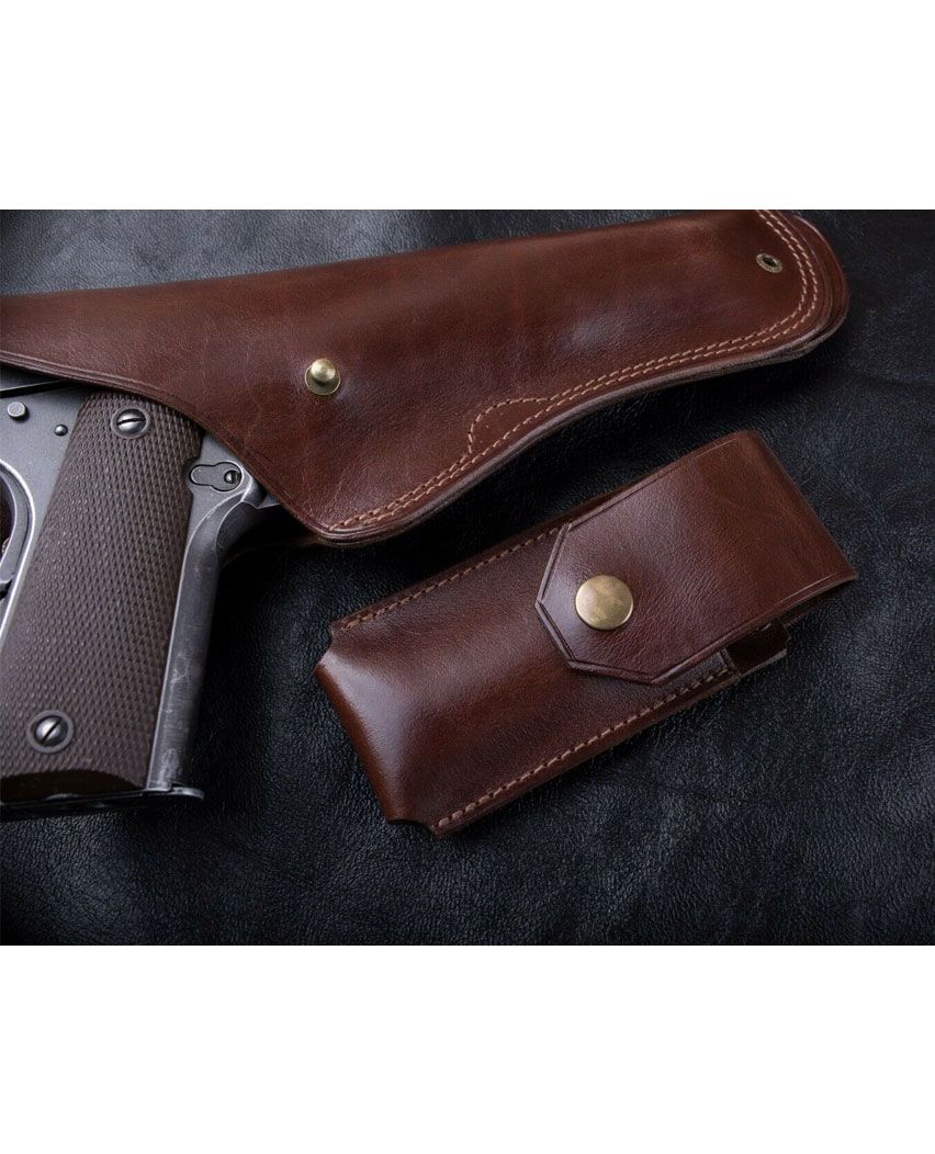 Traditional Brown Leather Belt Holster With Mag Pouch & Belt For All Gun