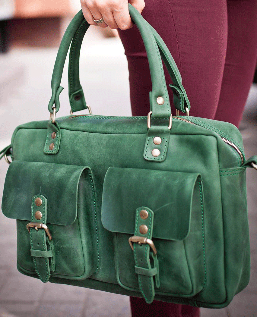 Unique Green Leather Shoulder Laptop Satchel Bag 