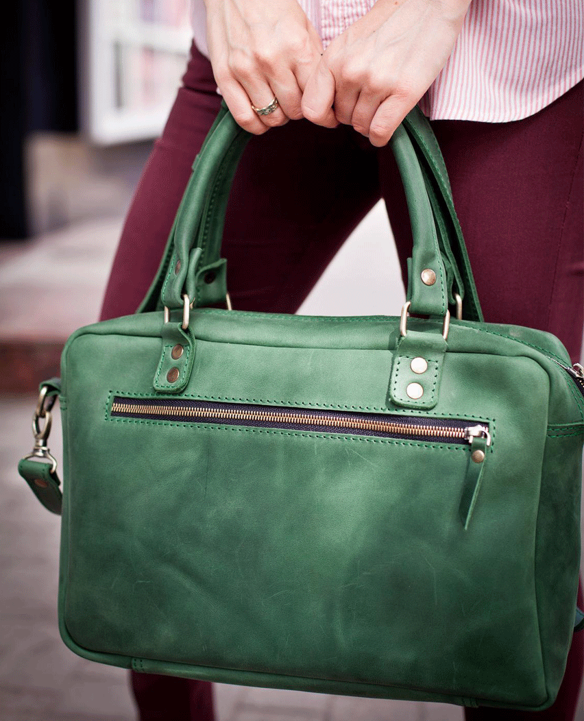 Unique Green Leather Shoulder Laptop Satchel Bag 