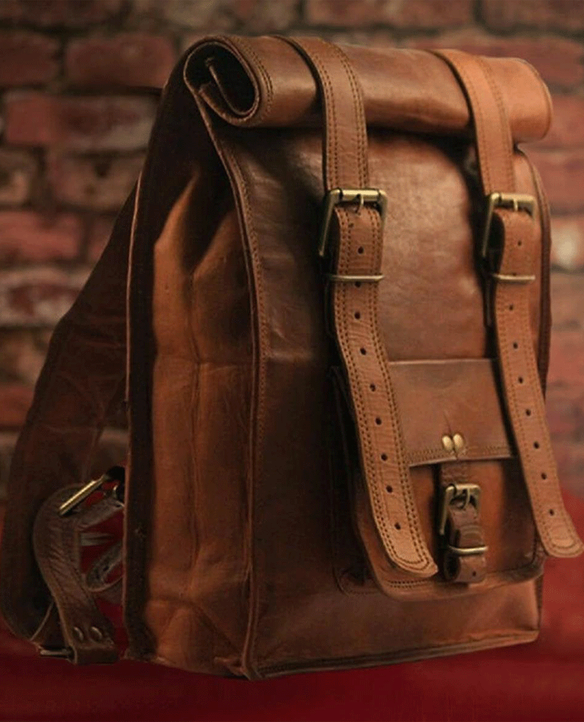 Brown Leather Vintage Backpack For Men