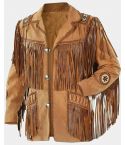 Cowboy Western Leather Jacket Coat With Fringe Bone