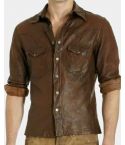 Sleeves Designed Lamb Skin Brown Wax Leather Shirt